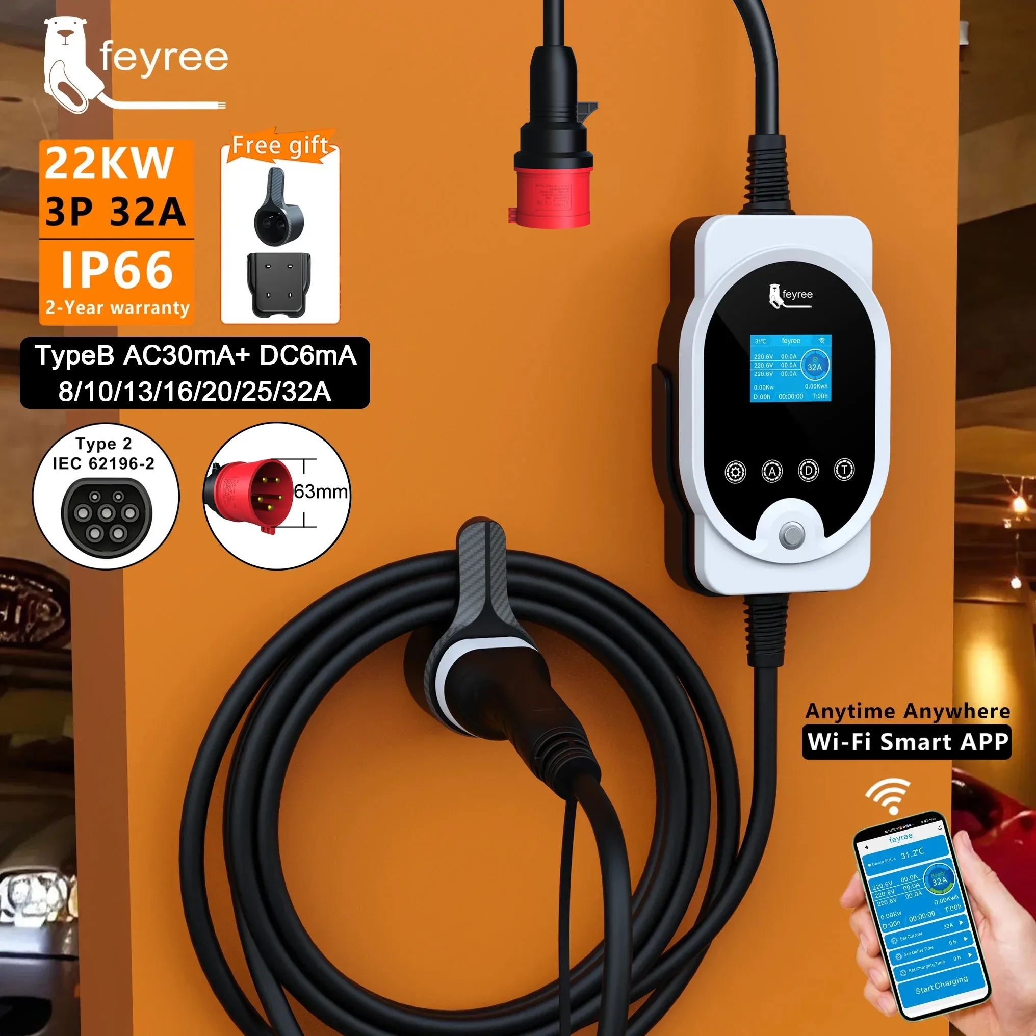 Ev Charger Type 2 22Kw 32A 3 Phase - Feyree 22KW Typ2 Kabel EVSE Wallbox